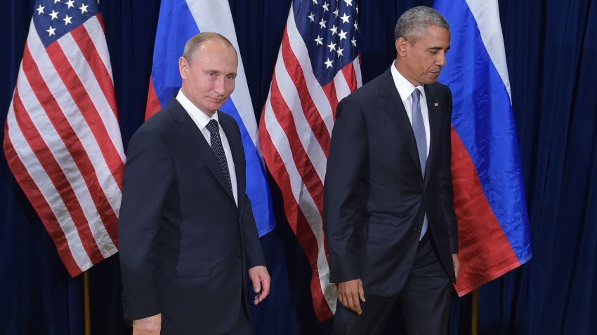 US President Barack Obama and Russia's President Vladimir Putin leave after posing for a photo ahead of a bilateral meeting on the sidelines of the 70th session of the UN General Assembly at the United Nations headquarters on September 28, 2015 in New York. AFP PHOTO/MANDEL NGAN        (Photo credit should read MANDEL NGAN/AFP/Getty Images)