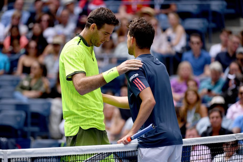 Thiem had to retire trailing 6-3 3-2 and del Potro was into his first grand slam quarterfinal since 2013. 