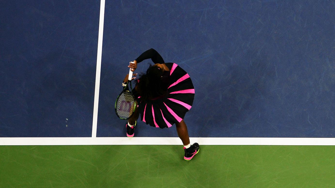 Tennis star Serena Williams hits a return during a US Open match in New York on Thursday, September 1.