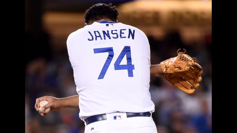 Kenley Jansen of the Los Angeles Dodgers stretches during a game in Los Angeles on Saturday, September 3.