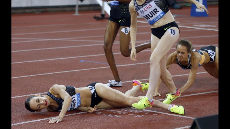 American middle-distance runner Shannon Rowbury, left, falls after winning the 1,500-meters at the IAAF Diamond League in Zurich, Switzerland, on Thursday, September 1.