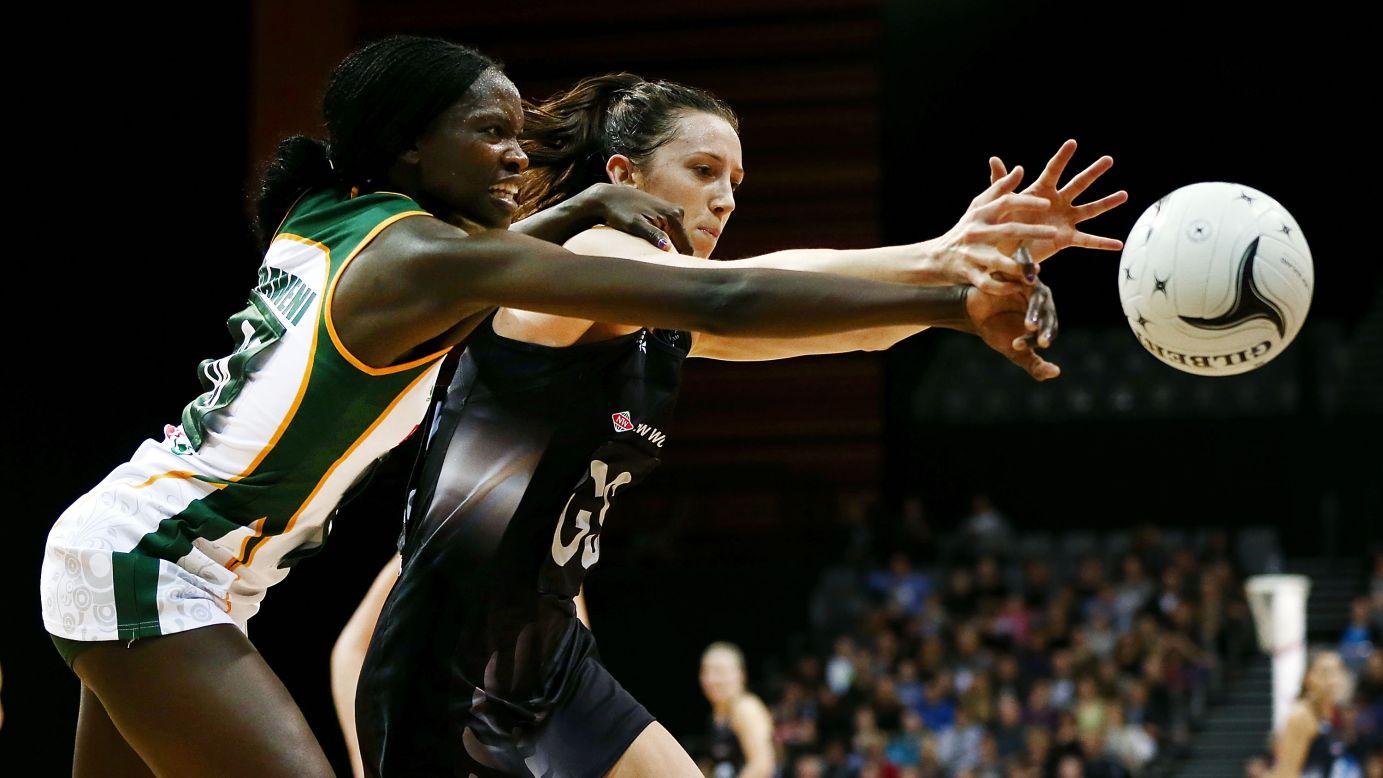 South Africa's Phumza Maweni, left, competes for the ball against New Zealand's Bailey Mes during a netball match in Hamilton, New Zealand, on Wednesday, August 31. New Zealand won by 19 goals.