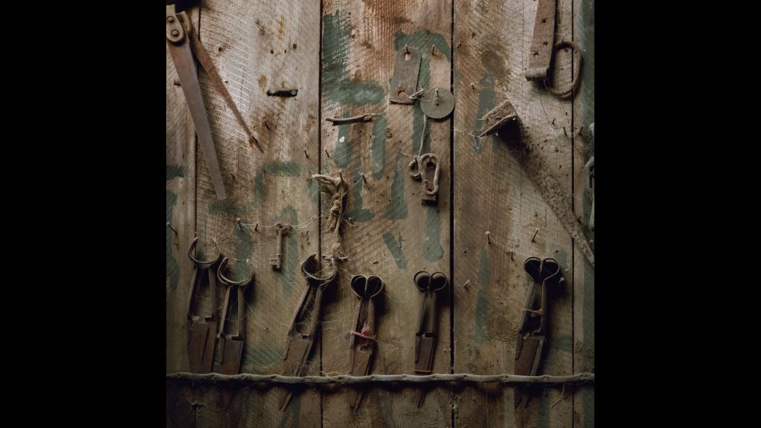 Shears and other tools stored on a wooden wall at  Brackley Farm, located in the Scottish village of Dalmally in Argyll and Bute.