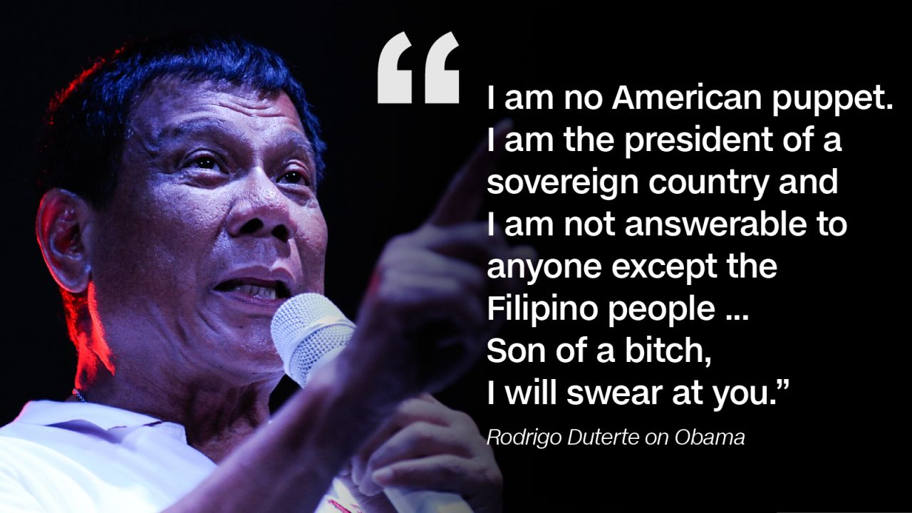 After US president Barack Obama said he would raise extrajudicial killings in a meeting with Duterte, the Philippines President responded angrily on September 5, first in English then in Tagalog. As a result, Obama canceled the meeting.