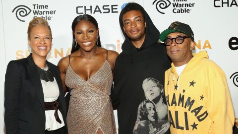 Tonya Lewis Lee, Serena Williams and Director Spike Lee (far right) attend the EPIX New York Premiere of  'Serena' in June. 