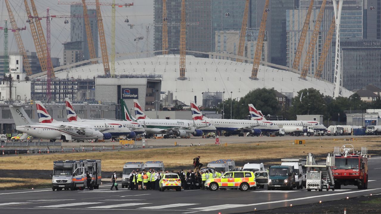 Police work to clear the runway of Black Lives Matter activists. Nine protesters were arrested.