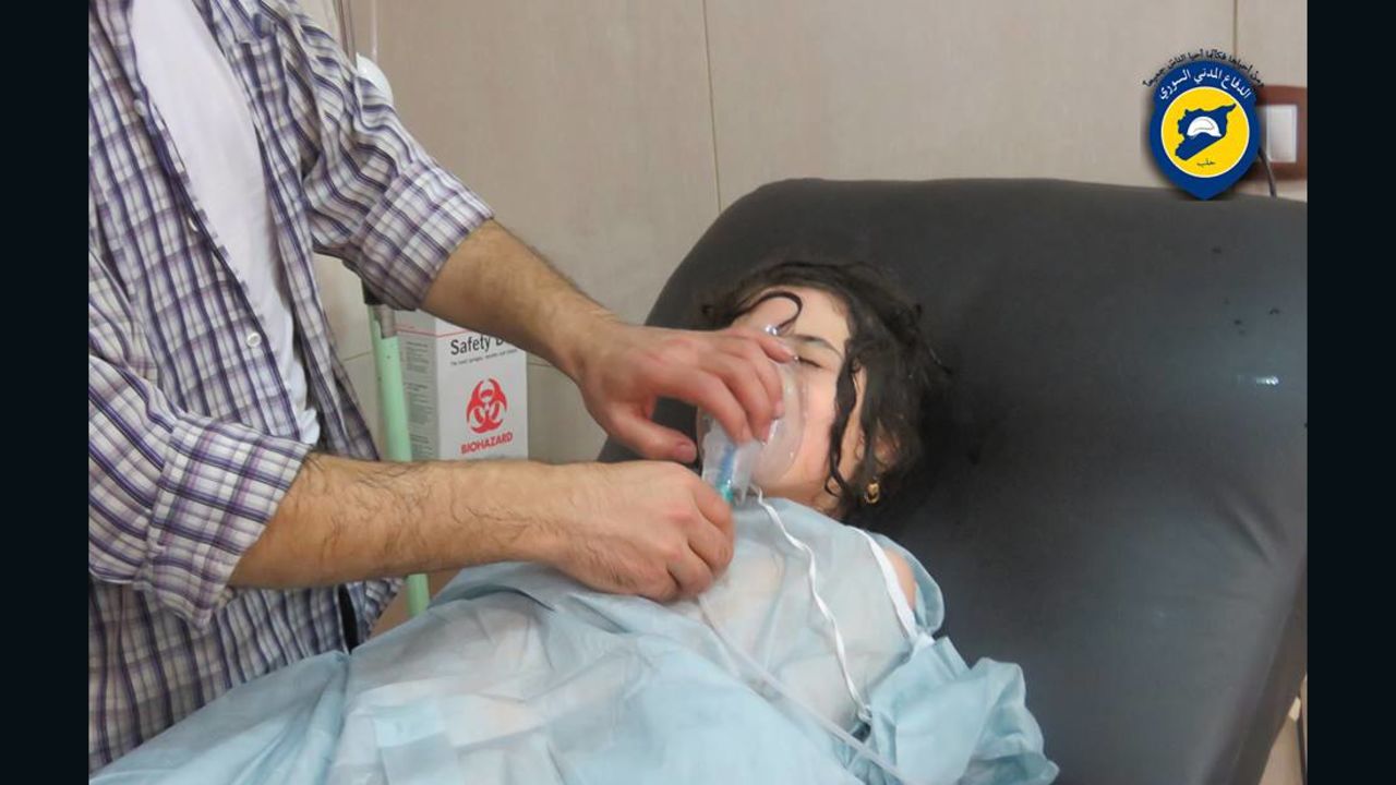 In this still from a video, a girl is treated at a makeshift hospital after the suspected chemical attack.