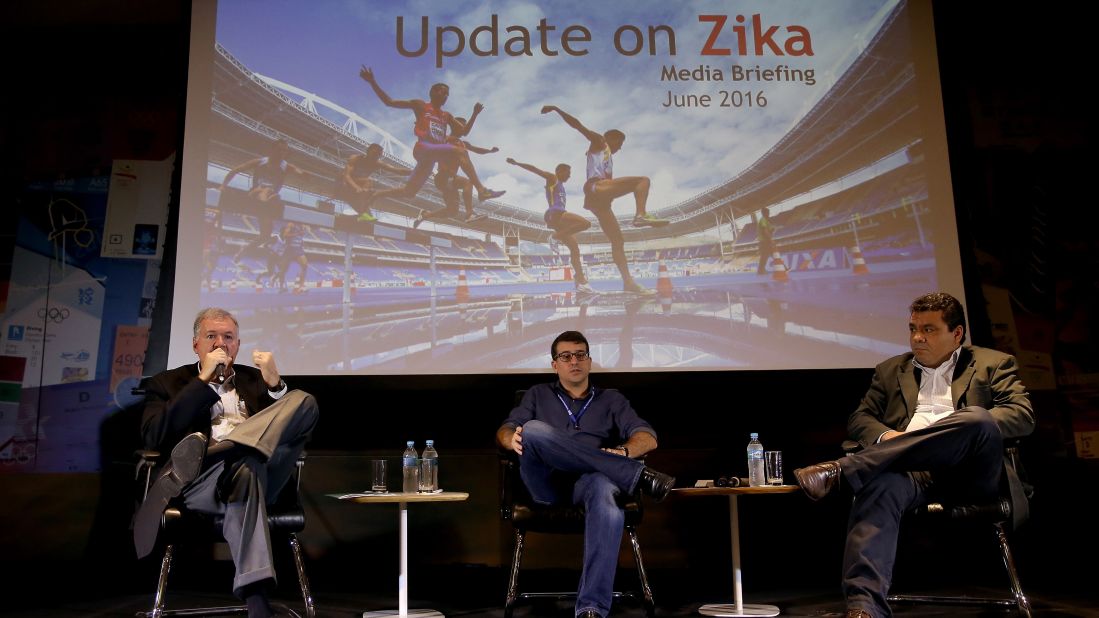 Rio 2016 Chief Medical Officer Joao Grangeiro, Municipal Secretary of Health Daniel Soranz and Sub-secretary of the State for Health and Surveillence Alexandre Chieppe field questions from the media during an International Media Briefing to address the Zika virus on Tuesday, June 7, in Rio de Janeiro.  