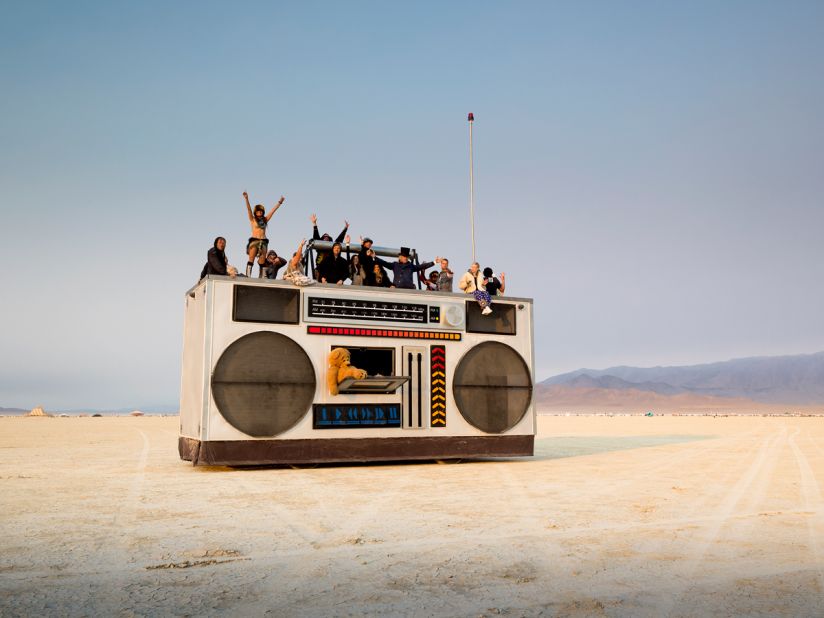 "This art car, built to resemble a 1980s-style ghetto-blaster, was fashioned by Los Angeles artist Derek Wunder and crew."