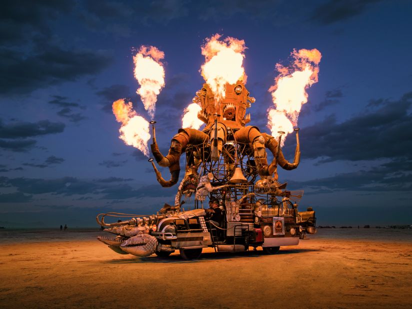 "The mechanical octopus known as El Pulpo Mecanico has long been a crowd favorite at Burning Man. It was built entirely from reclaimed scrap metal over the chassis of a 1973 Ford 250. Artist Duane Flatmo describes it as an art-installation on wheels. He's also<br />known for his other mutant vehicles, including Crustacean Wagon, Tin Pan Dragon Wagon, and the Armored Carp."