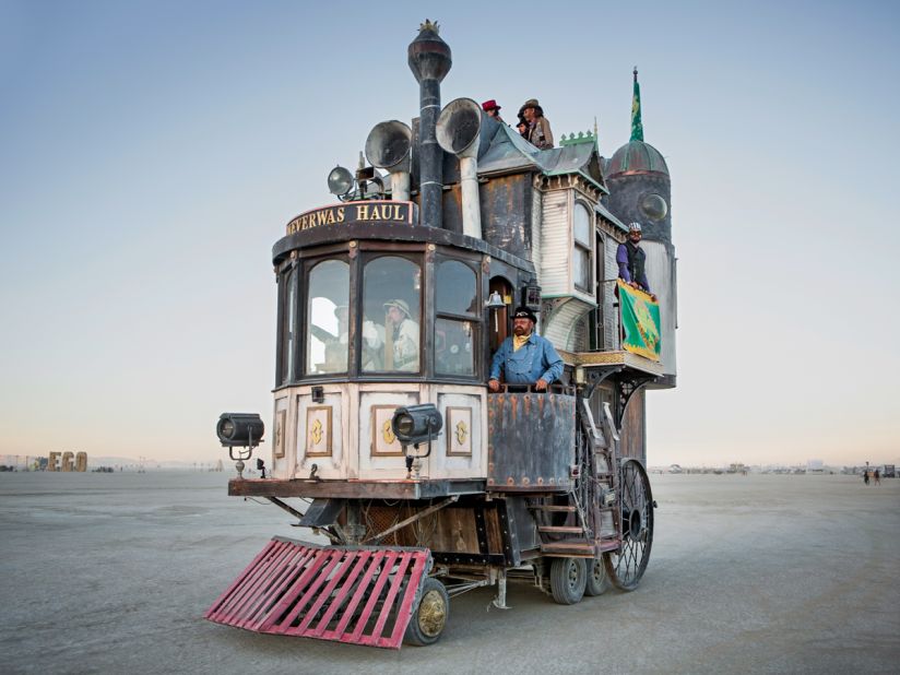 "Bay Area artist Shannon O'Hare created this three-story Victorian mansion/locomotive over a fifth wheel trailer. Over the last decade, it has become one of the best-loved art cars at Burning Man."