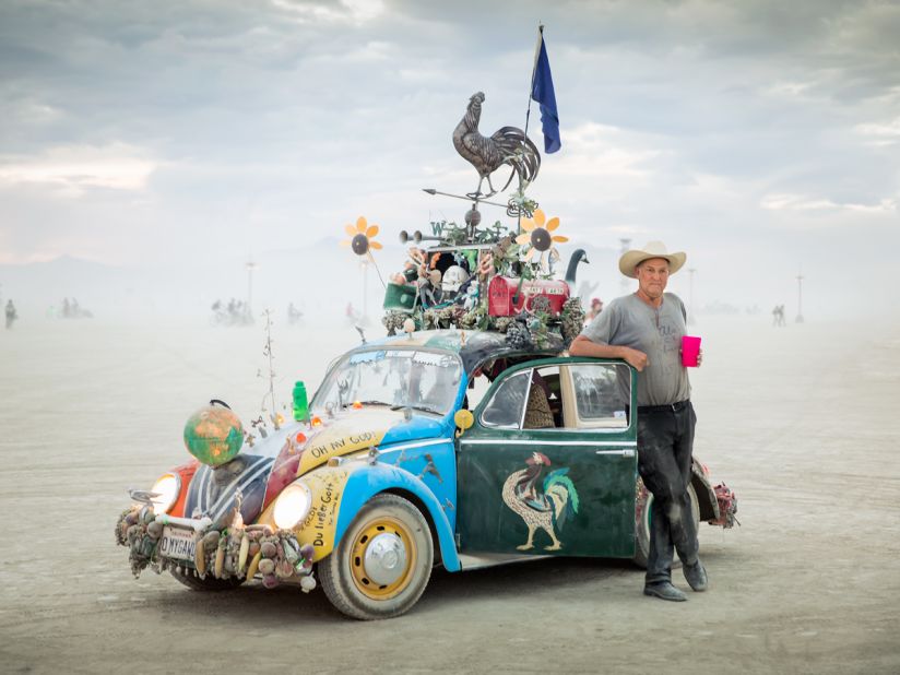 "This whimsically-decorated Beetle was created by artist and filmmaker Harrod Blank (pictured) and is generally considered the first art car at Burning Man. While it's no longer designated a 'mutant vehicle,' it has a special permit to be on the playa thanks to its historic significance at the event."