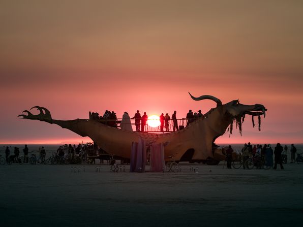 "Artist Rob Bell took inspiration from Japanese samurai culture in creating this copper-colored dragon a decade ago. The art car is made of nylon fabric stretched over a reinforced steel frame built atop an old school bus. It can hold up to 50 people on top and another 50 inside."