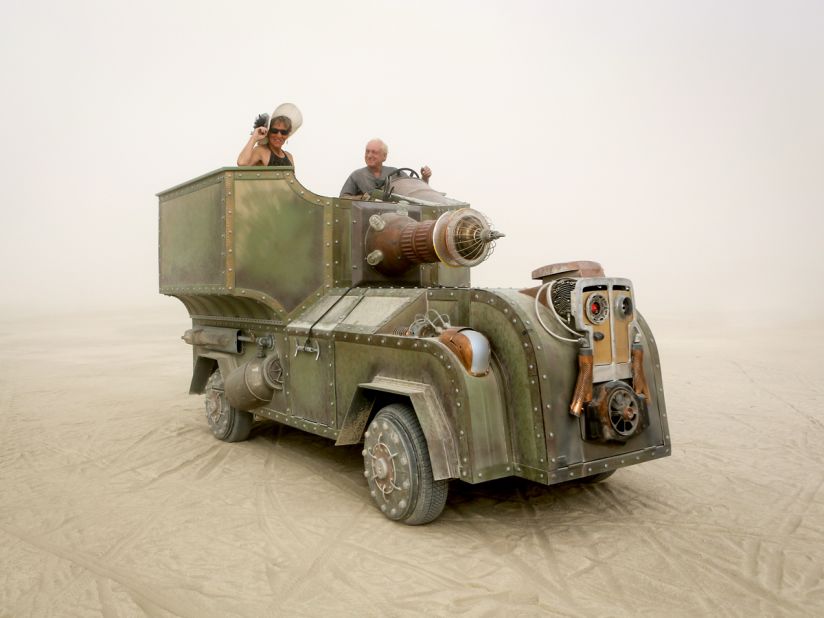 "Bob and Karen Thompson created this art car around a 1973 Super Beetle, repurposing garbage can lids, milk cans, part of a satellite dish, and glass fuses into the steampunk-inspired design."