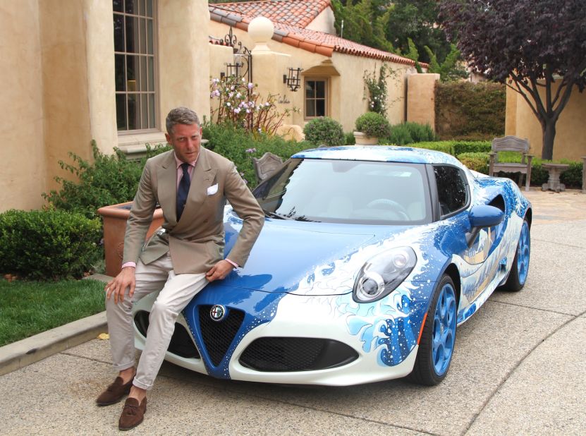 Fiat heir Lapo Elkann flew in from Milan to show off two new creations from his new bespoke auto workshop Garage Italia Customs: a BMW i8 and this Alfa Romeo 4C inspired by the Japanese artist Hokusai. 
