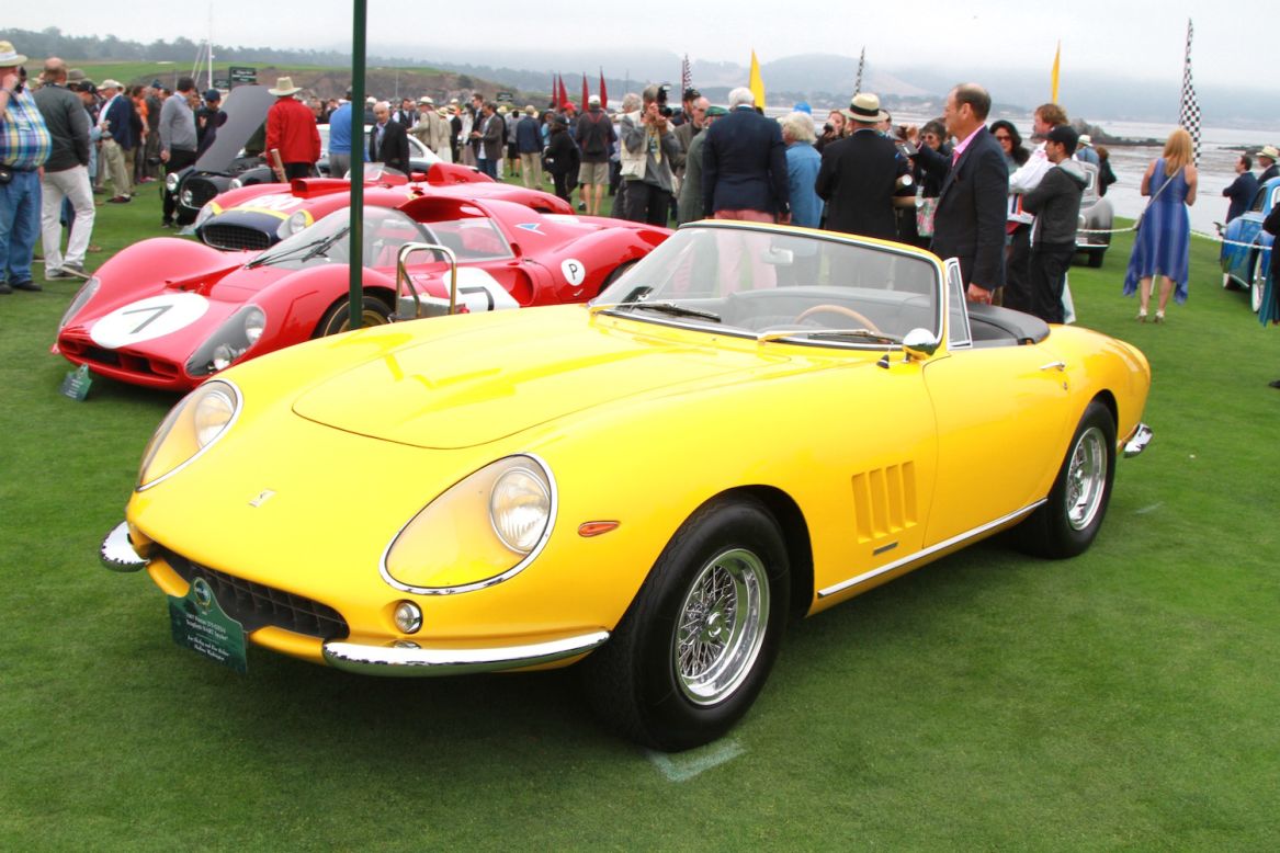 Though overshadowed by the GT40s this year, the Concours always boasts its share of fabulous Ferraris. This alluring yellow example is a 1967 275 GTS/4 Scaglietti NART Spyder.