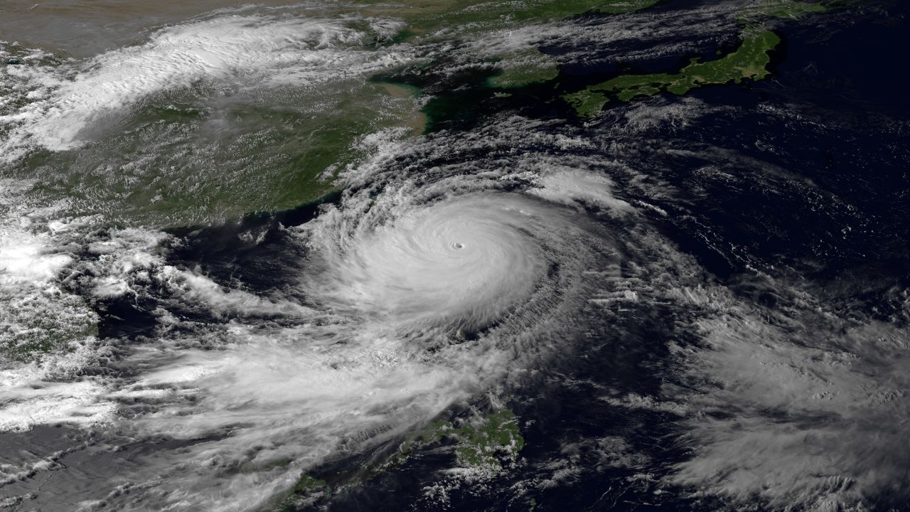 A satellite image of Super Typhoon Usagi as hits the Philippines and Taiwan in 2013, taken by the Japan Meteorological Agency's MTSAT-2 satellite.