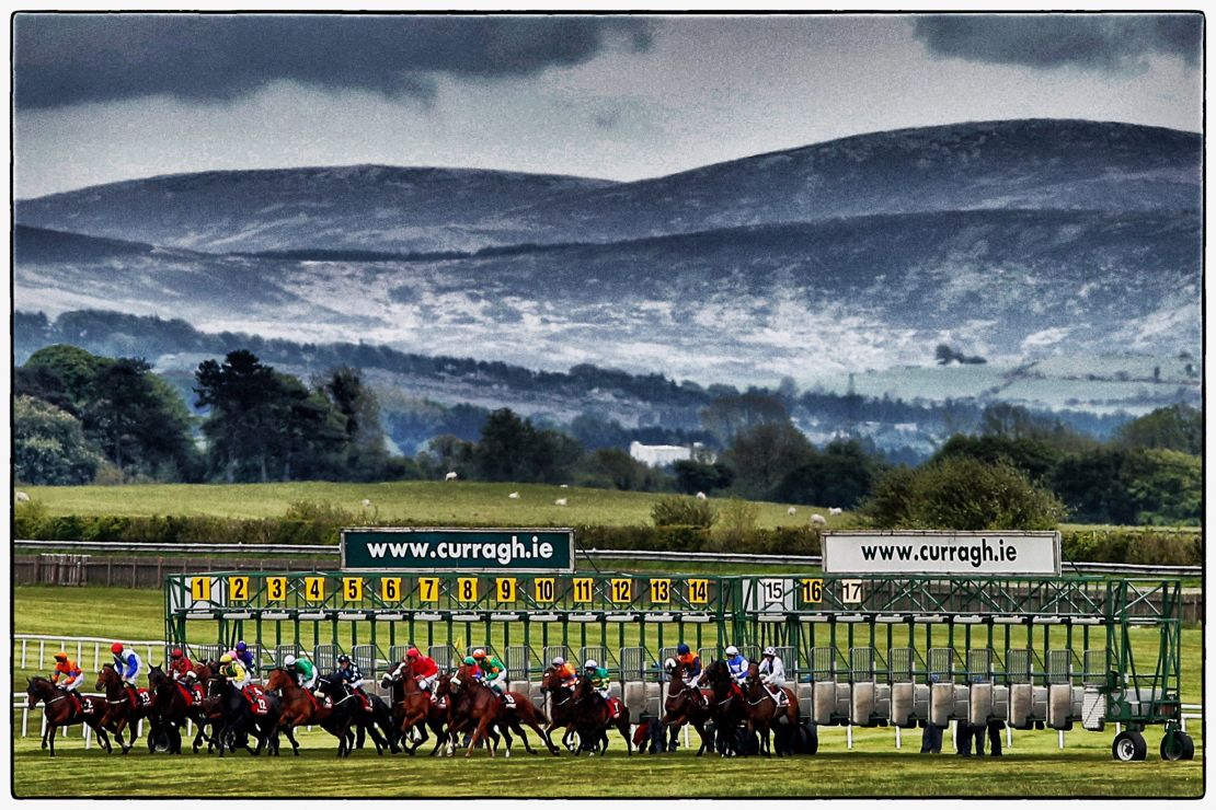 Runners break from the stalls in the back straight at Curragh racecourse.