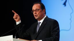 French President Francois Hollande delivers his speech about democracy and terrorism as he looks ahead to a potential bid for a second term, Thursday Sept. 8, 2016 in Paris. (AP Photo/Christophe Ena, Pool)