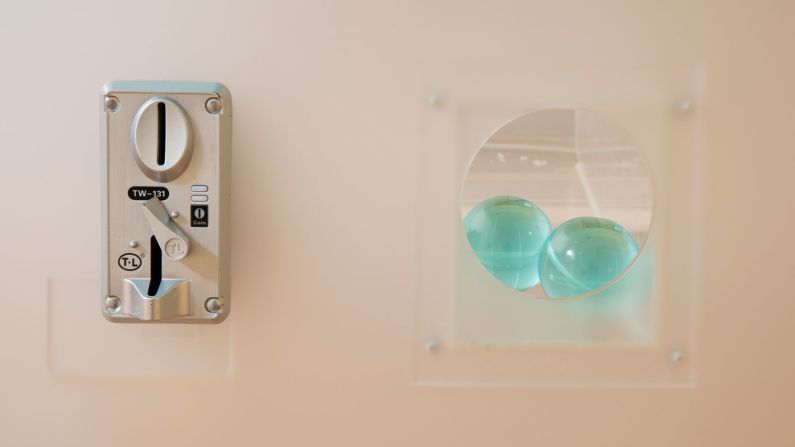 Saudi sisters Basma and Noura Bouzo are the duo behind "The Water Machine" -- an outsize gumball machine that dispenses blue acrylic spheres, meant to symbolize water. <br />