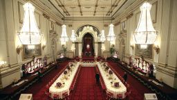 The Ballroom of Buckingham Palace set up for a State Banquet. 