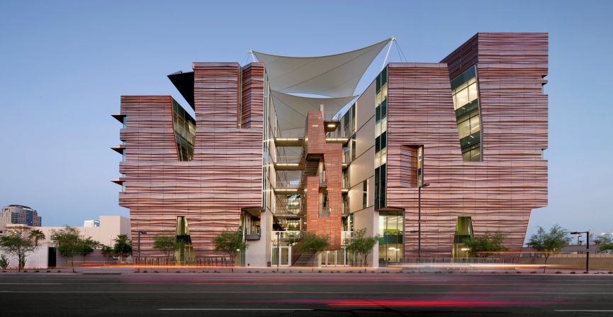 The exterior finishes were inspired by the pleated skin of the local Saguaro Cactus and the layers of Arizona's iconic canyon formations. They serve as a thermal chimney and cooling feature.