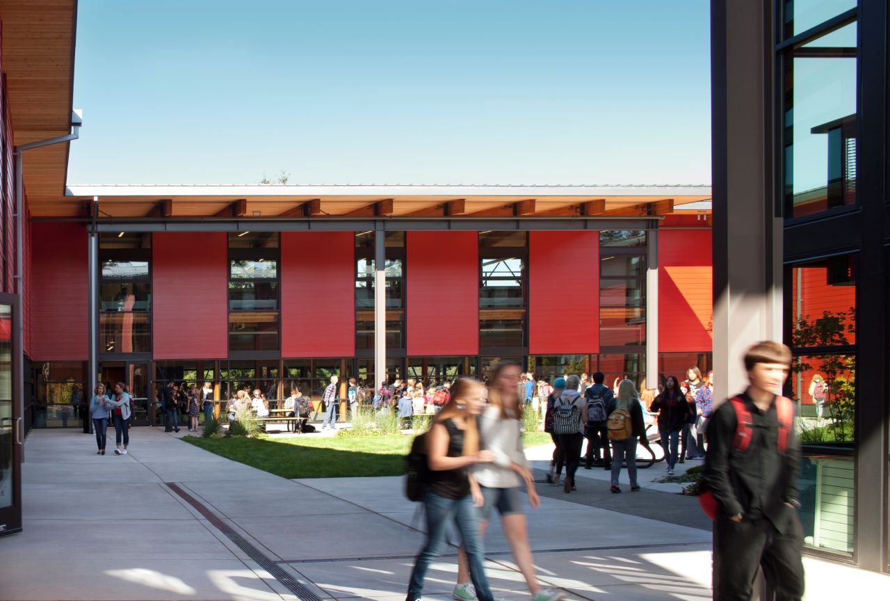 Located on a small island in Puget Sound, this beautiful campus was inspired by the idea of the little red schoolhouse. The design was completed following community consultation, and fosters a close connection to the landscape that students and staff both expressed. 