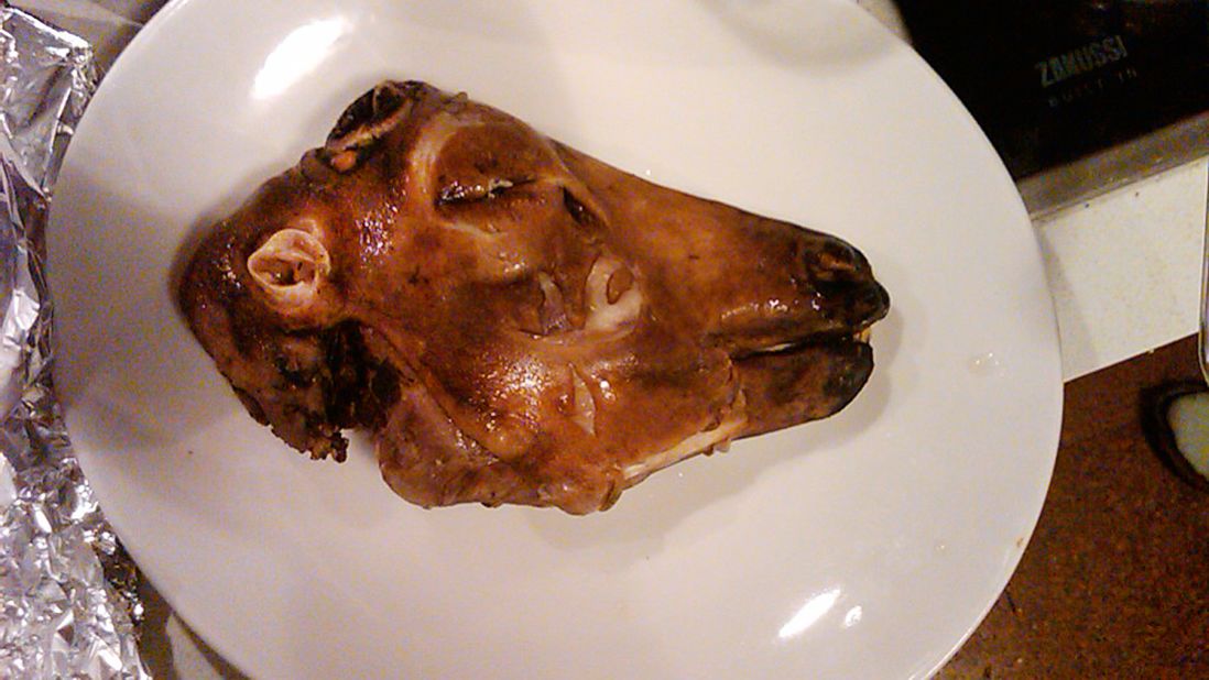 Smoked sheep's head is a traditional dish often served during the Þorrablót midwinter celebration. To make a svið, a sheep's head is cut in half, singed to remove the fur, boiled with the brain removed, and served with scoops of mashed potato and turnip.