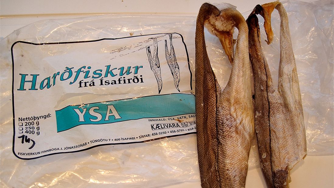 Harðfiskur is fish jerky made of dried fish (mostly cod, haddock or seawolf). It's usually eaten slathered in butter.
