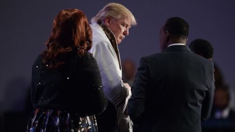 Republican presidential candidate Donald Trump wears a prayer shawl during a church service at Great Faith Ministries in Detroit on Saturday, September 3. <a href="http://www.cnn.com/2016/09/03/politics/donald-trump-black-voters-detroit/" target="_blank">Trump addressed a largely African-American audience</a> for the first time as a presidential candidate, delivering a message of unity.