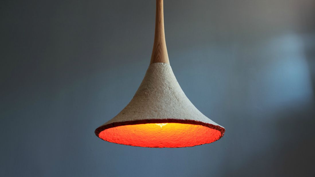 A material made from mushroom roots and farm waste is used to make furniture, packaging and lamp shades.<br />