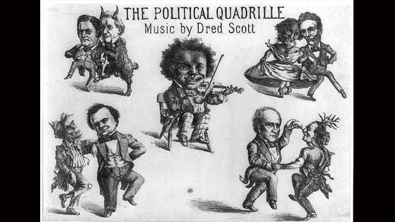 The four main 1860 candidates are mocked in a cartoon with racist imagery titled, "The political quadrille. Music by Dred Scott" (1860)