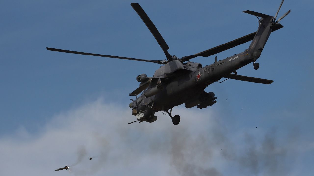 A Russian military helicopter takes part in a military exercise in Crimea.