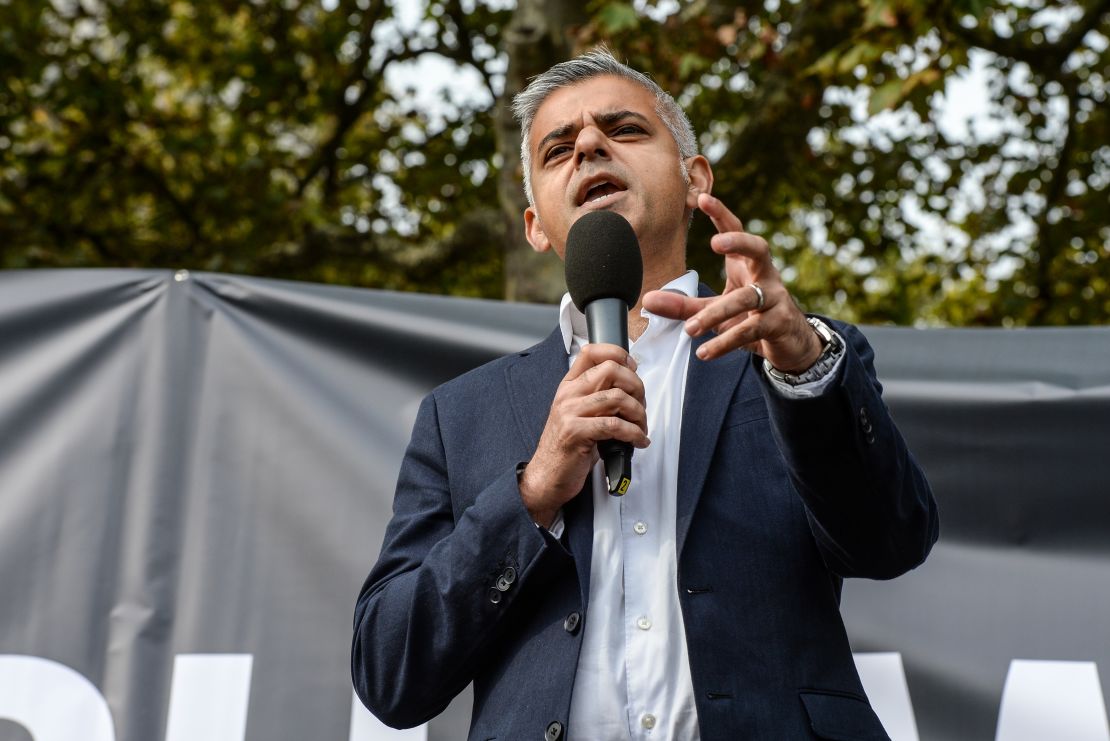 Mayor of London Sadiq Khan addresses a group of climate activists during his election campaign.