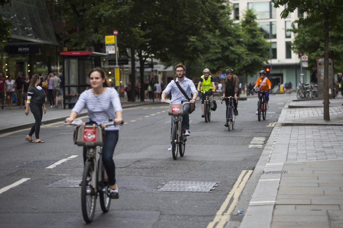 Cyclists enjoy a car-free city center during the annual Ride London event.