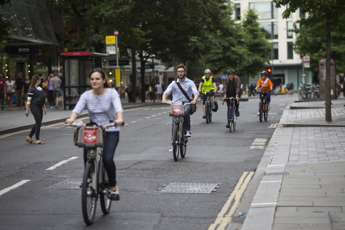 Cyclists enjoy a car-free city center during the annual Ride London event. 