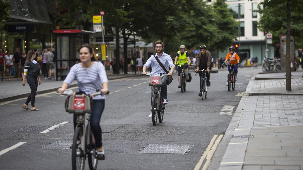 Cyclists enjoy a car-free city center during the annual Ride London event. 