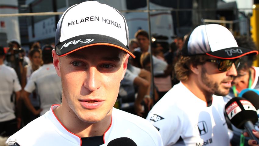 MONZA, ITALY - SEPTEMBER 03: Stoffel Vandoorne of Belgium and McLaren Honda and Fernando Alonso of Spain and McLaren Honda talk to the media after they were announced as the McLaren driver line up for the 2017 season during qualifying for the Formula One Grand Prix of Italy at Autodromo di Monza on September 3, 2016 in Monza, Italy.  (Photo by Charles Coates/Getty Images)
