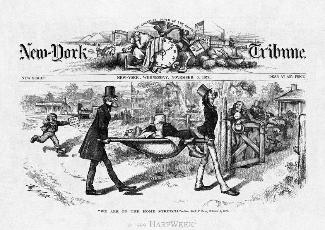 Thomas Nast's "We Are On the Home Stretch" (1872), published in Harper's Weekly, mocked a politically fallen Greeley (who would die -- literally -- weeks later) 
