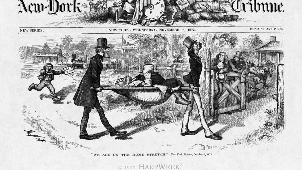 Thomas Nast's "We Are On the Home Stretch" (1872), published in Harper's Weekly, mocked a politically fallen Greeley (who would die -- literally -- weeks later)