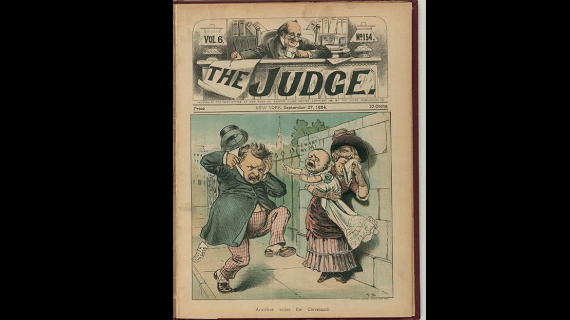 Grover Cleveland's child, born out of wedlock and mostly abandoned, speaks up in "Another voice for Cleveland," a cartoon by Frank Beard (1884)