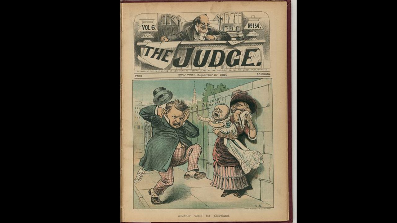 Grover Cleveland's child, born out of wedlock and mostly abandoned, speaks up in "Another voice for Cleveland," a cartoon by Frank Beard (1884)