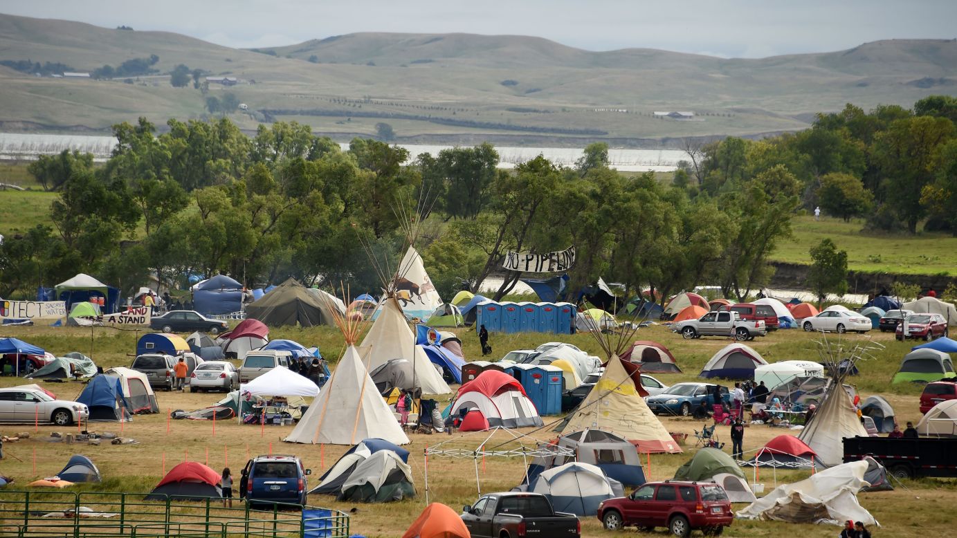 The Missouri River is seen beyond an encampment near Cannon Ball, where hundreds of people gathered to join the protest on September 4.