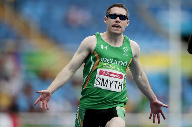 Jason Smyth of Ireland celebrates winning his third consecutive 100m Paralympic title and fifth Paralympic gold medal overall.<br />