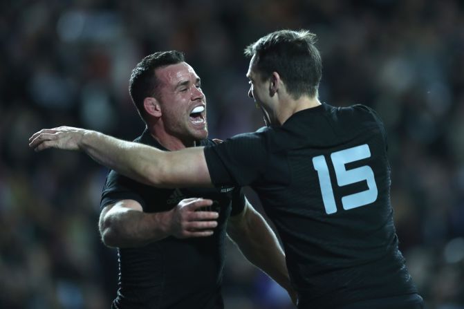 Ryan Crotty of the All Blacks celebrates his try with Ben Smith during the Rugby Championship match between the New Zealand All Blacks and Argentina at Waikato Stadium on September 10, 2016 in Hamilton, New Zealand.