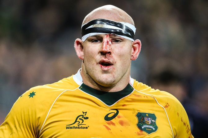 Stephen Moore of the Wallabies leaves the field with blood on his face during the Rugby Championship match between the New Zealand All Blacks and the Australia Wallabies at Westpac Stadium on August 27, 2016 in Wellington, New Zealand. 