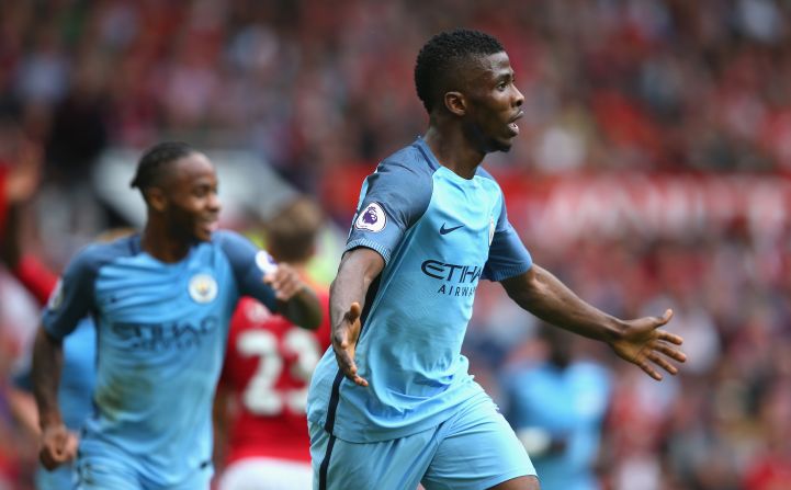  Kelechi Iheanacho of Manchester City celebrates scoring his sides second goal during the Premier League match between Manchester United and Manchester City at Old Trafford on September 10, 2016 in Manchester, England.  
