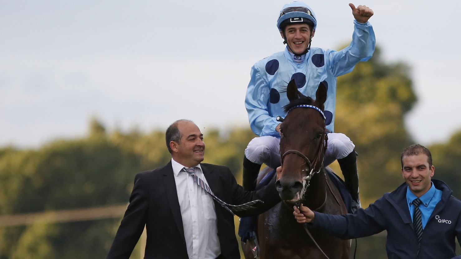 Christophe Soumillon celebrates his winning ride on Almanzor in The Qipco Irish Champion Stakes at Leopardstown.