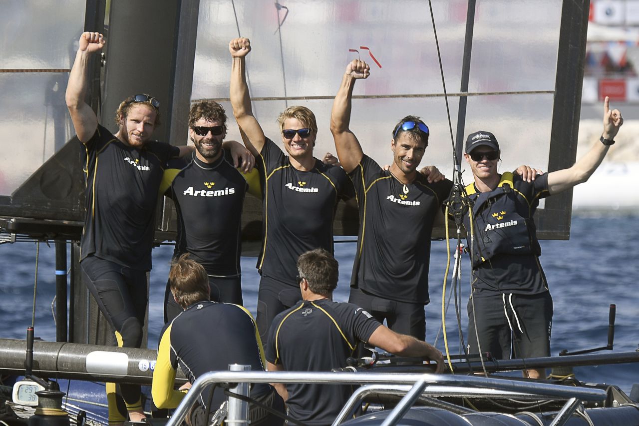 The Artemis crew celebrates its overall victory in the Toulon leg of the the Louis Vuitton America's Cup World Series. 