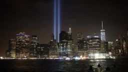 Memorial "Tribute in Light" is seen in Manhattan skyline from Brooklyn Bridge Park in Brooklyn, New York, USA on September 10, 2016 on a day before the 15th anniversary of the 9/11 attacks. 